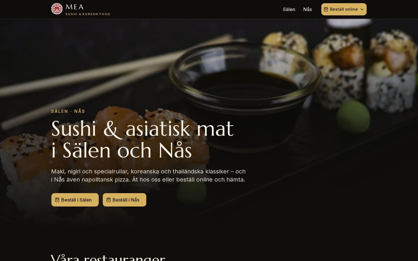 Startsidan för Mea Sushi med sushi och rubriken Sushi och asiatisk mat i Sälen och Nås